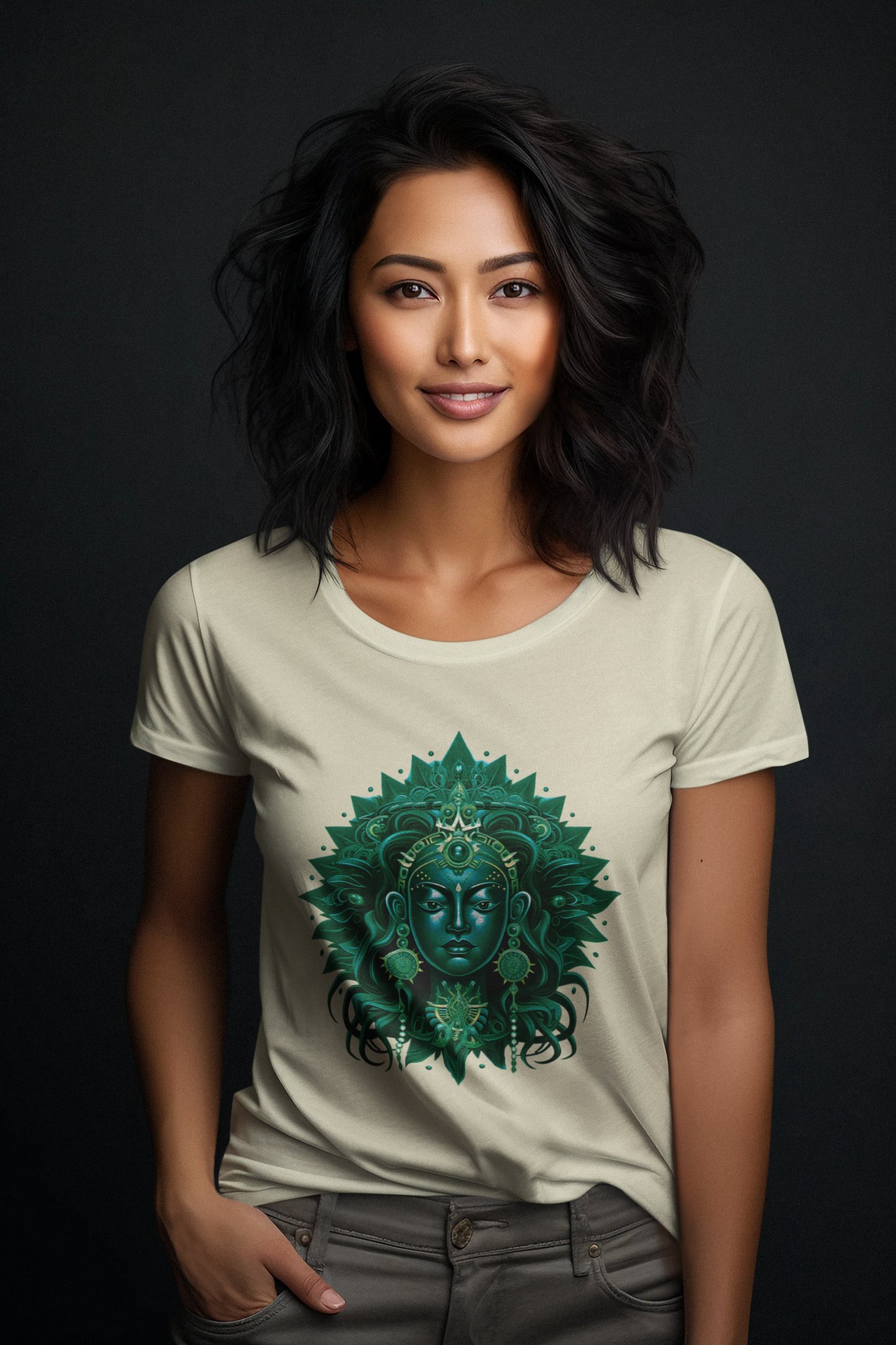 Radiant Goddess Green Tara: A Mandalic Portrait of Divine Beauty Women's Fitted T-Shirt